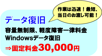Windowsデータ復旧が容量無制限、軽度から中度障害一律30,000円