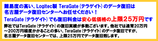 難易度の高い、Logitec製TeraGate(テラゲイト)のデータ復旧は名古屋データ復旧センターへお任せください！TeraGate(テラゲイト)でも復旧料金は安心低価格の上限２５万円です。弊社ではTeraGate(テラゲイト)の復旧実績が多数ございます。他社では通常20万円～200万円程度かかることの多い、TeraGate(テラゲイト)のデータ復旧ですが、名古屋データ復旧センターでは、上限25万円でデータ復旧致します。